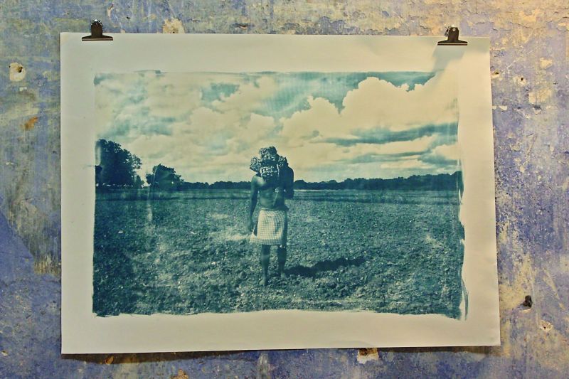 Cyanotype print depicting farmers