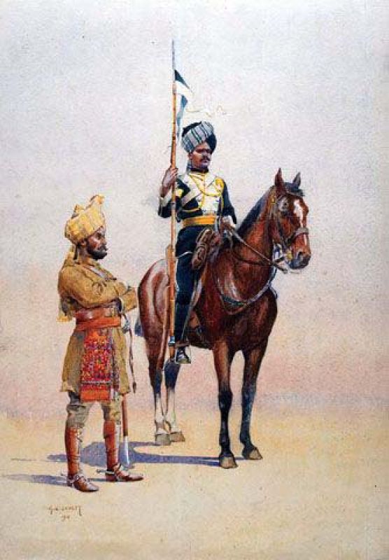 A painting of a Mysore Lancer on his horse flanked by an infantryman.