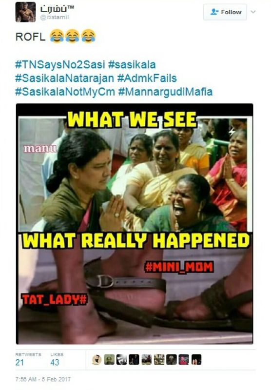 Reaction to Sasikala being elected as the Chief Minister of Tamil Nadu. (Photo: Twitter | @itistamil)