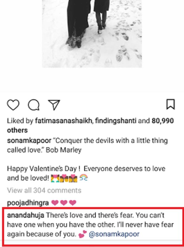 Anand Ahuja comments on Sonam Kapoor's Valentines Day post.