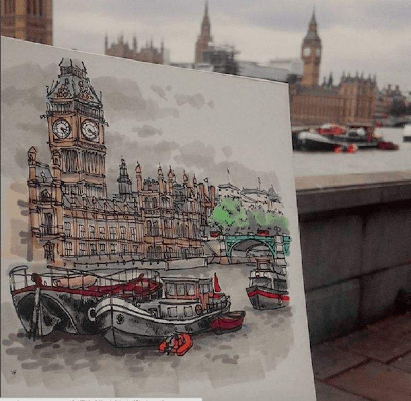 The Palace of Westminster on the Thames, 2016  Pen and Promarker drawing. A cloudy grey day in old London town. I took a seat on a bench opposite Parliament house and drew the rusty old boats, mored on  the Thames.  Home of the two houses of the United Kingdom's Parliament. The Palace of Westminster was built in 1840, replacing the original medieval complex that had burnt down in 1834. (Illustration by Maxwell Tilse)