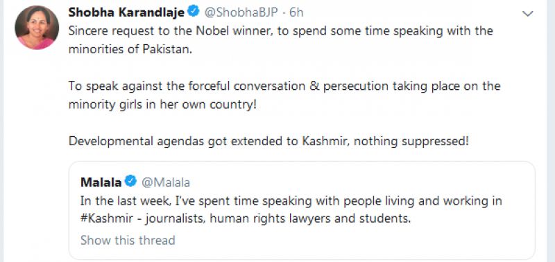 The Karnataka BJP MLA on Sunday took to Twitter and replied to the nobel laureate's view on scrapping of Article 370. (Photo: Twitter | @ShobhaBJP)