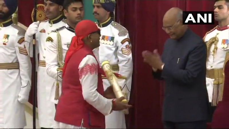 Indian percussionist Anandan Sivamani conferred with Padma Shri award by President Ram Nath Kovind. (Photo: ANI | Twitter)