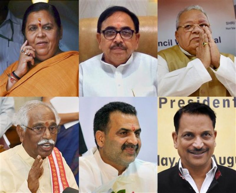 File pictures of Union Ministers who have resigned from the NDA government ahead of the cabinet reshuffle. Top row from left, Uma Bharti, Mahendra Nath Pandey and Kalraj Mishra. Bottom left to right, Bandaru Dattatreya, Sanjiv Kumar Balyan and Rajiv Pratap Rudy. (Photo: PTI)