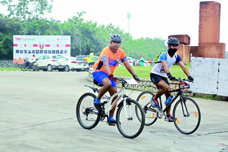 Participants cycling during the event