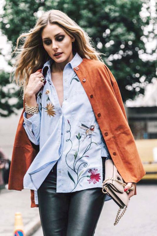 Whether it's wool and suede (as seen on Nilu) or leather, suede and cotton ala fashion influencer Olivia Palermo, mixing textures with embroidery is another great way to experiment with this trend 