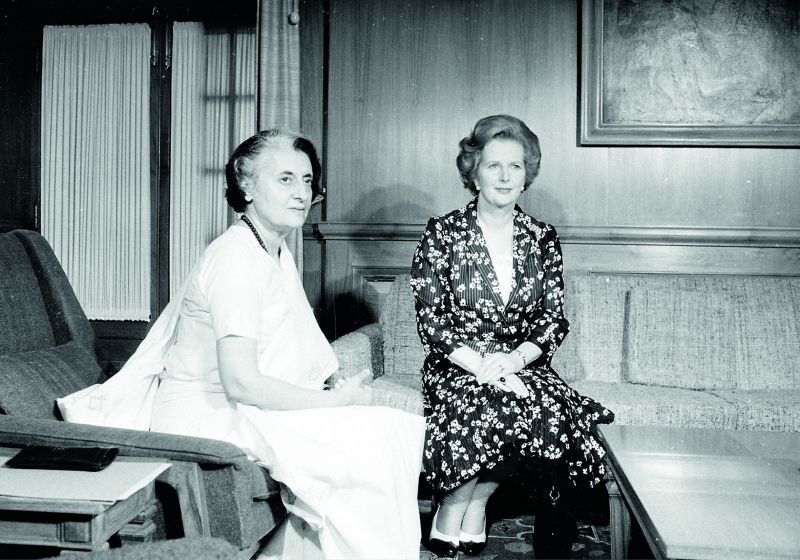Prime Ministers Indira Gandhi and Margaret Thatcher in the former's Delhi office. The two shared a strong mutual admiration and were both known by the moniker of Iron Lady.