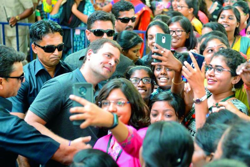 Rahul Gandhi takes a selfie with students in Chennai.