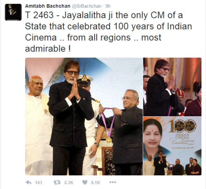 Film stars condole 'Iron Lady' Jayalalithaa's demise