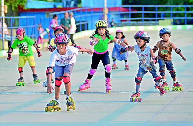 Children practise skating at the one of the GHMC's skating rinks as a part of the summer coaching camp in Hyderabad.(Photo: DC)