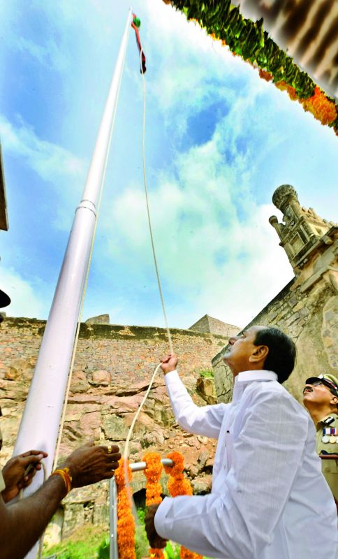 Chief Minister K. Chandrasekhar Rao hoists the national flag at Golconda Fort in Hyderabad on Thursday.  (DC)