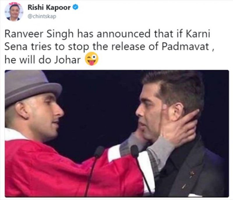 Rishi Kapoor takes dig at Karni Sena with Ranveer, Johar pun, deletes tweet after getting trolled