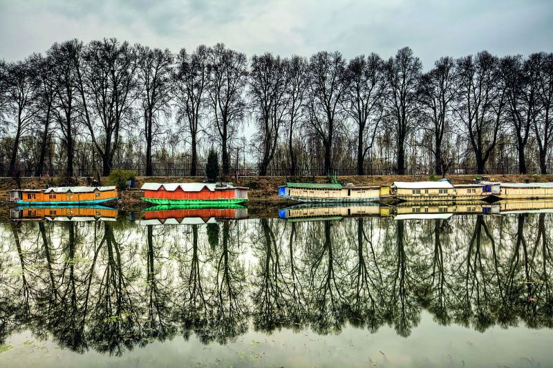 The scenic Dal Lake and its reflection.