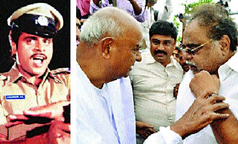 (Left) A still from one of the actor's movies. (Above) With JD(S) supremo H.D. Deve Gowda