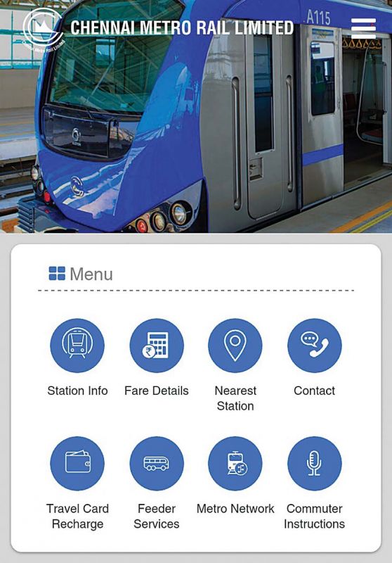 Chennai Metro Rail mobile application's home screen.