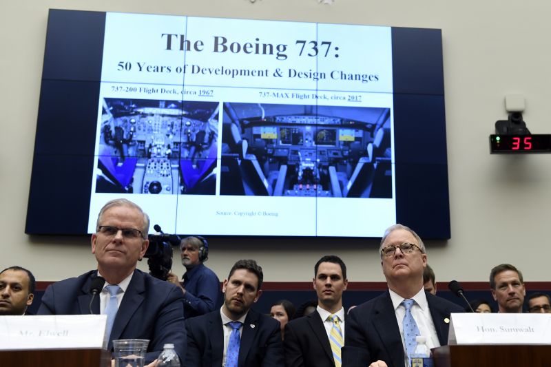 Daniel Elwell, front left, acting administrator of the Federal Aviation Administration, and Robert L. Sumwalt, front right, chairman of the National Transportation Safety Board, testify before a House Transportation Committee hearing on Capitol Hill in Washington, Wednesday, May 15, 2019, on the status of the Boeing 737 MAX aircraft. (AP Photo)
