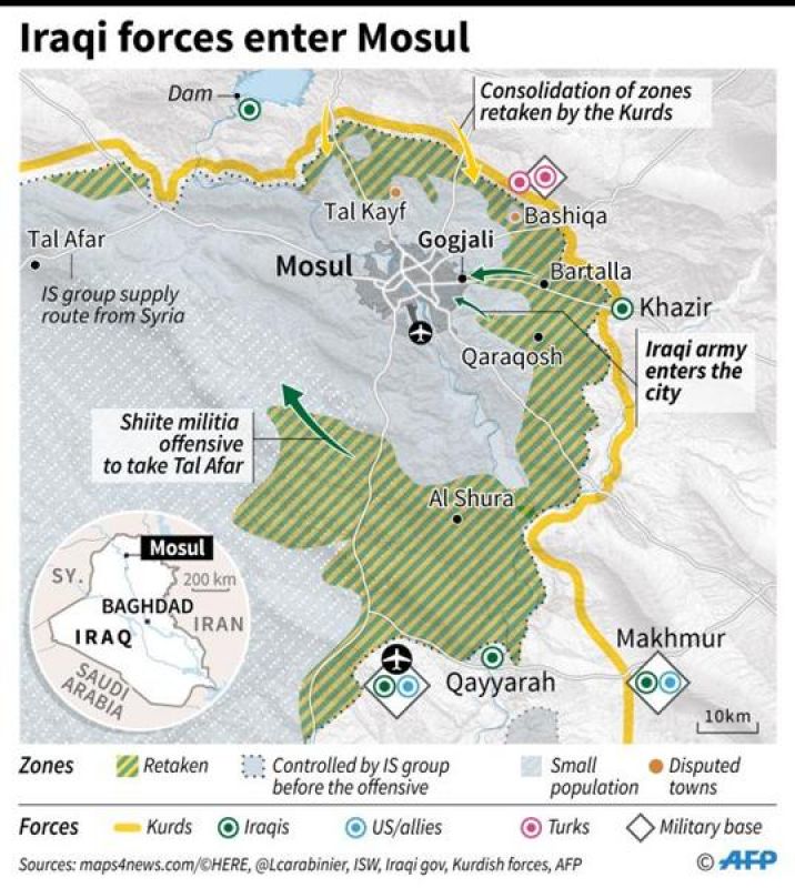 Map of the region around Mosul, with the situation on the ground. (Photo: AFP)