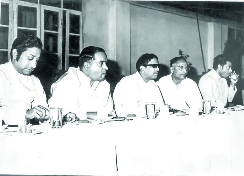 Karunanidhi with Sivaji Ganesan, B. Nagi Reddy and D. Ramanaidu