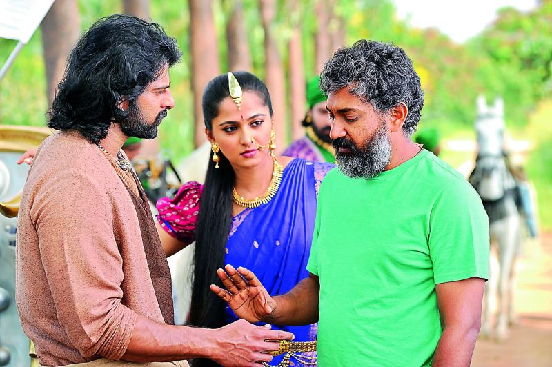 Prabhas in conversation with actress Anushka and Rajamouli on the sets of Baahubali  The Conclusion