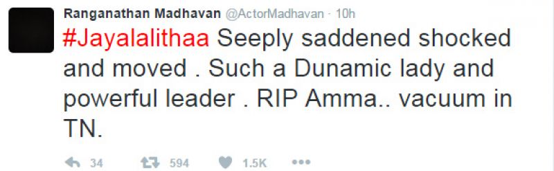 Film stars condole 'Iron Lady' Jayalalithaa's demise