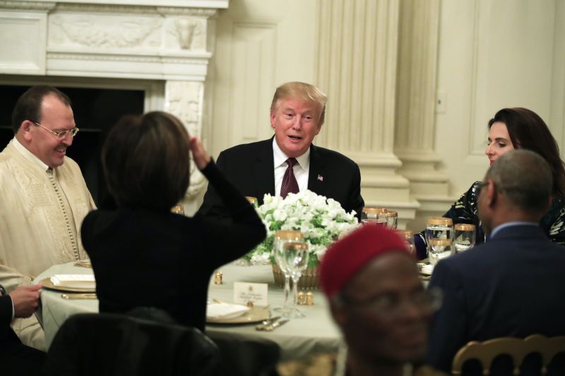 President Donald Trump joins an iftar dinner, which breaks a daylong fast, celebrating Islam's holy month of Ramadan, in the State Dining Room of the White House in Washington, Monday, May 13, 2019. (AP Photo/Manuel Balce Ceneta) 