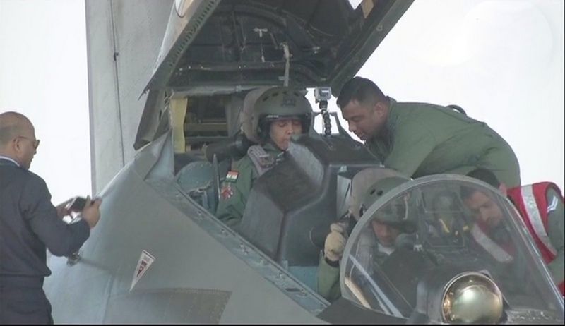 Defence Minister Nirmala Sitharaman sat in the rear seat behind the pilot. (Photo: ANI)