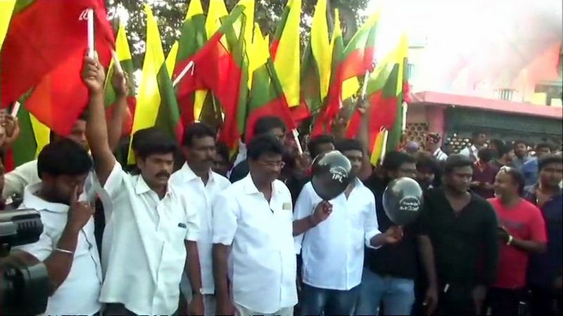 Tamizhaga Vazhvurimai Katchi (TVK) workers protest outside MA Chidambaram Stadium ahead of CSK vs KKR IPL match, carrying balloons stating, 'We do not want IPL, we want Cauvery Management Board. (Photo: ANI | Twitter)