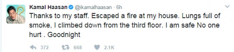 Lungs full of smoke', Kamal Haasan safe after fire breaks out at his house