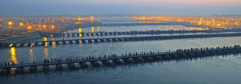 A series of temporary pontoon bridges constructed over the Ganga for crowd  management during the Maha Kumbha Mela in Allahabad in 2013 