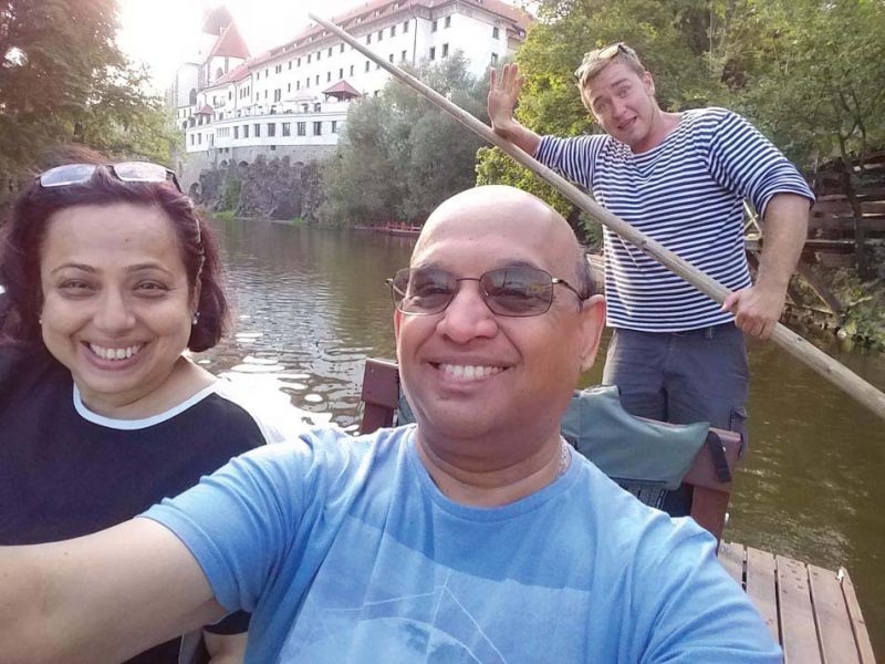 Sandeep and Shailaja on the boat cruise with an enthusiastic oarsman and guide.