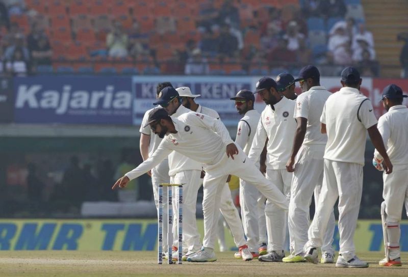 Virat Kohli points to the area where the Umesh Yadav delivery took off to end Haseeb Hameed's innings. (Photo: BCCI)