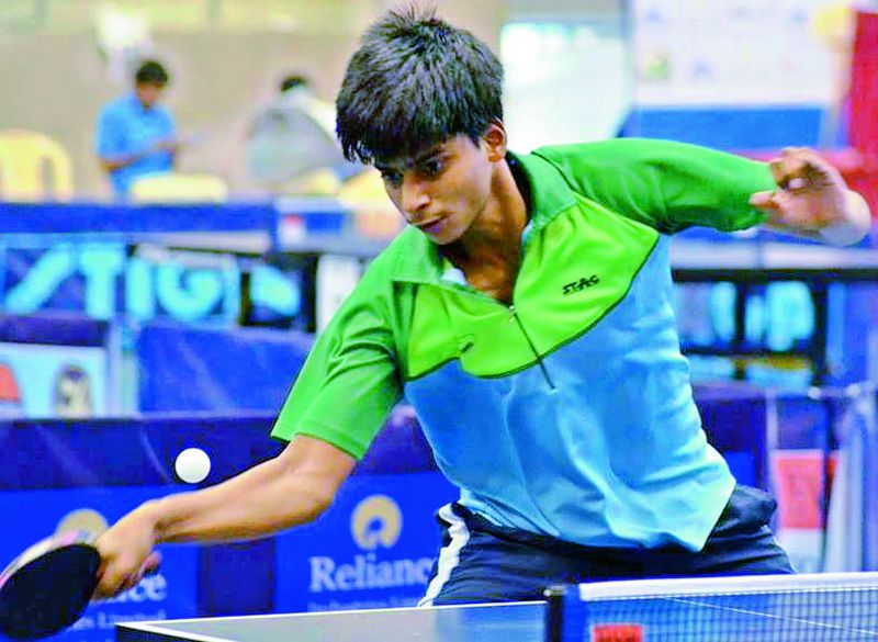 S. Fidel R. Snehit in action during the national ranking table tennis tournament held at Indore in Madhya Pradesh. Snehit lost the final to Manav Thakkar of Petroleum Sports Board.