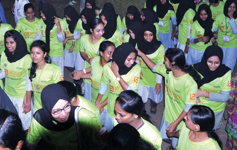 Girls get ready for a women's only marathon conducted by JDT Islam National Service Scheme on World International Women's Day