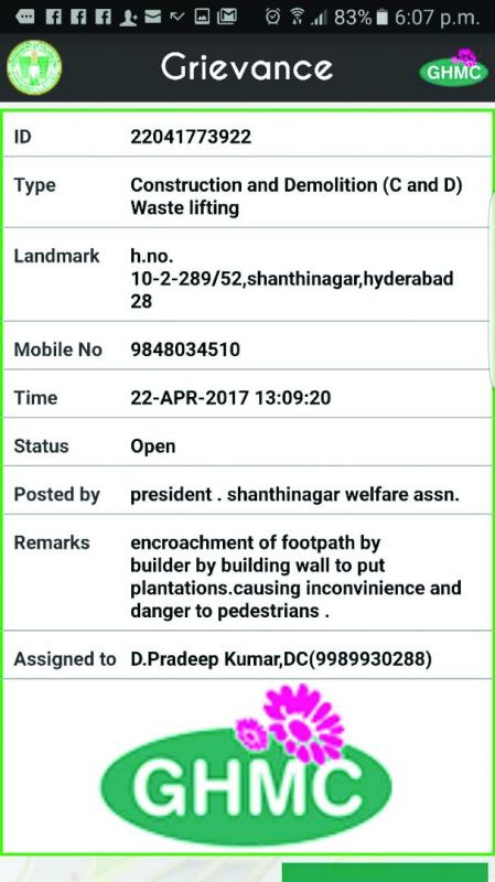 A picture grab of a complaint filed by the president of the Shanthinagar Welfare Association. Despite the complaint not being attended too, the status shows closed. (Photo: DC)