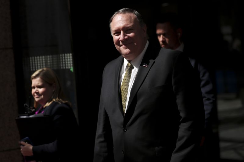 U.S. Secretary of State Mike Pompeo, center, leaves after a meeting at the Europa building in Brussels, Monday, May 13, 2019. (AP Photo/Francisco Seco) 