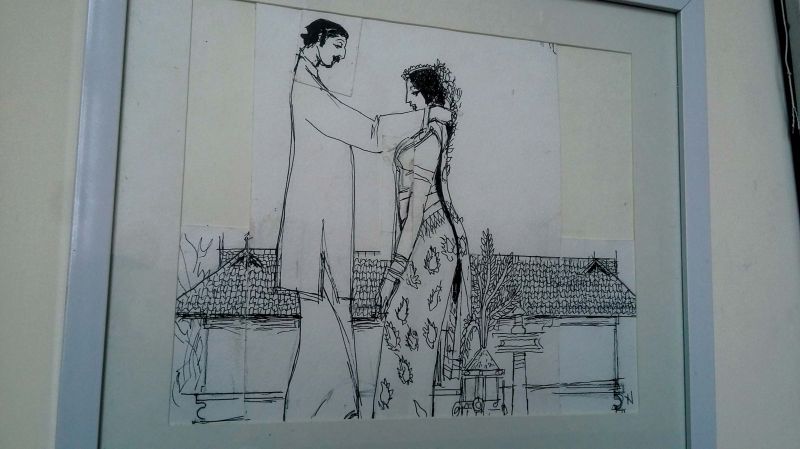 A wedding card he drew by cutting and pasting several pieces together on display.