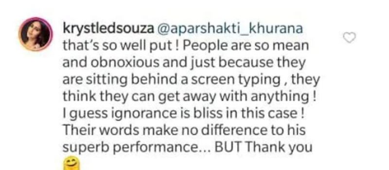 Krystal D'souza's comment. (Photo: Instagram)