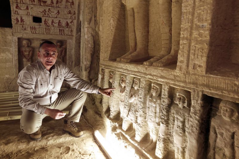 Mostafa Waziri, secretary general of the Supreme Council of Antiquities, speaks inside a recently uncovered tomb of the Priest royal Purification during the reign of King Nefer Ir-Ka-Re. (Photo: AP)