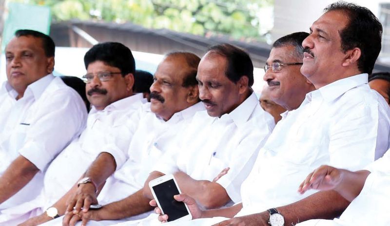 Congress leaders Benny Behnan, N. Venugopal, K. Babu, K.P. Dhanapalan and Abdhul Muthalib at the protest gathering in front of Ernakulam Collectorate in Kochi on Monday. (Photo: DC)