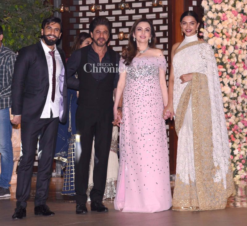 Nita Ambani poses with Shah Rukh Khan, Deepika Padukone and Ranveer Singh.