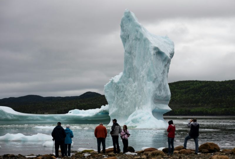 Tourists look at icebergs from the seashore of King's Point -- May to July is peak viewing season, bringing thousands of visitors from around the world to this tiny village of just 600 residents. (Photo: AFP)