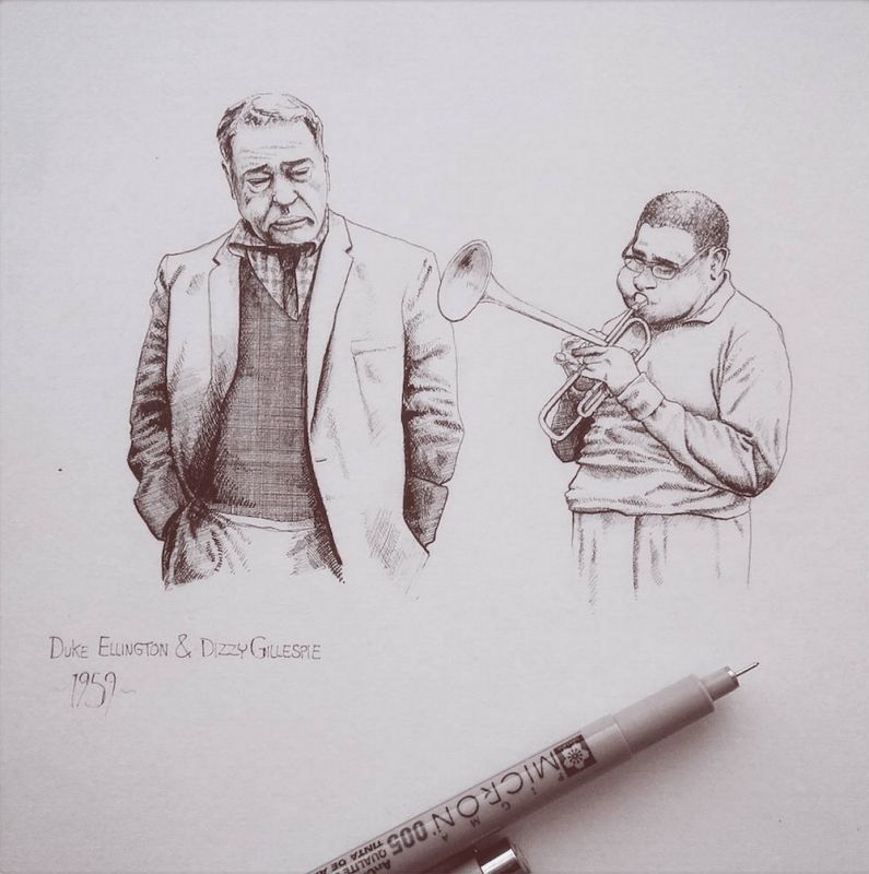 Duke Ellington & Dizzy Gillespie, 2015  In February 1959, Duke Ellington assembled an amazing line up of top Jazz musicians for the swinging  Jazz Party  album. Dizzy being one of them. In 1960 they both collaborated and released A Portrait of Duke Ellington'. (Illustration by Maxwell Tilse)