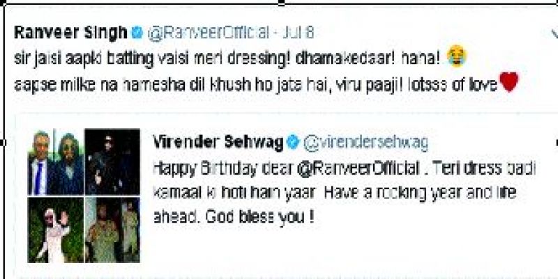  Ranveer Singh; A twitter  conversation between Ranveer Singh and Virender Sehwag on Ranveer's  fashion sense.