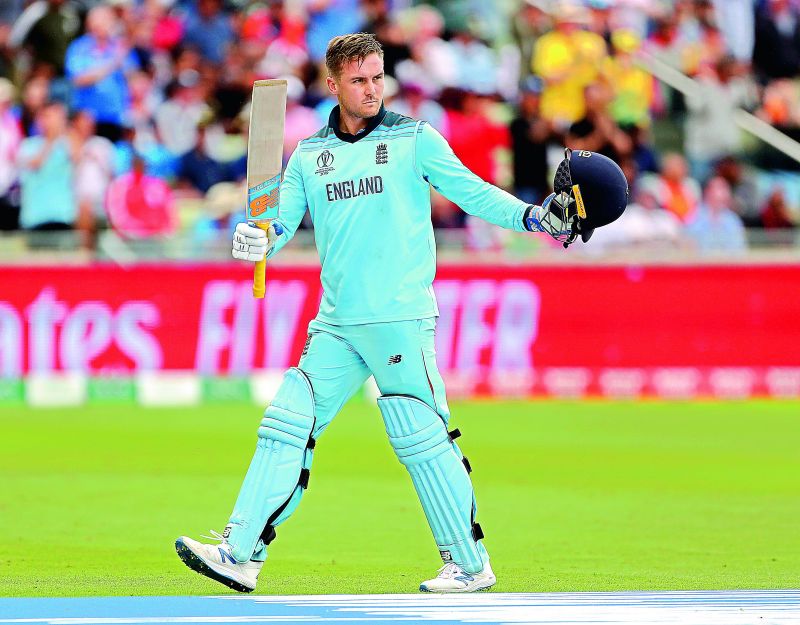 England opener Jason Roy raises his bat to acknowledge applause from the crowd as he leaves the field after scoring 85 in the semifinal against Australia at Edgbaston in Birmingham on Thursday. (Photo: AP)