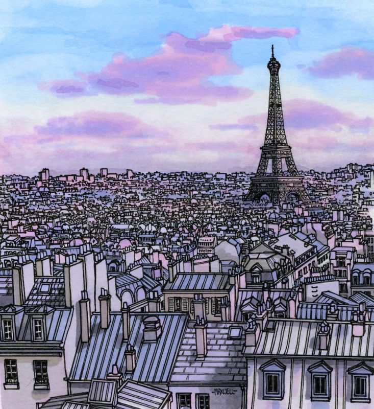 Paris, France  Here you can see my process. I tend to lay down the base colours and sky first. Then build the city on top of that. It would make more sense to finish all the colouring before adding detailed pen work, but I get restless and can't help myself. (Illustration by Maxwell Tilse)