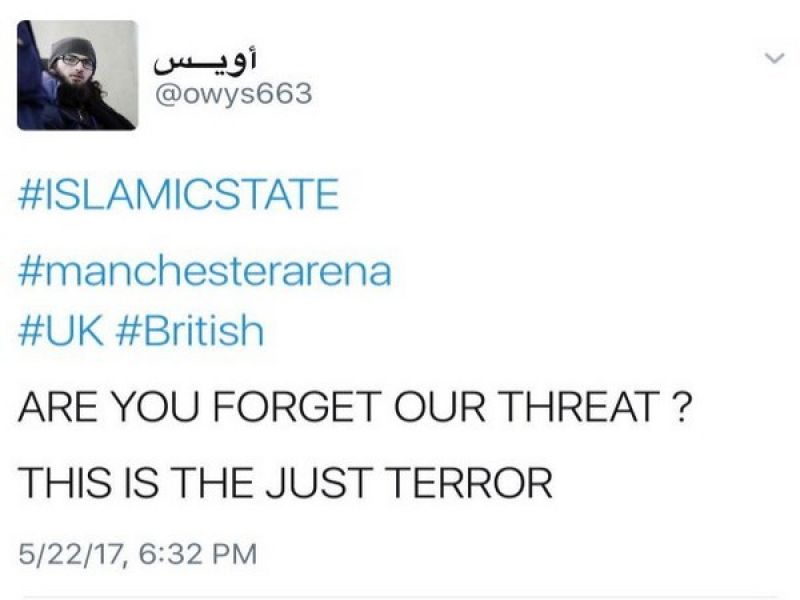 Tweet by suspected ISIS supporter about the Manchester attack, hours before it happened.