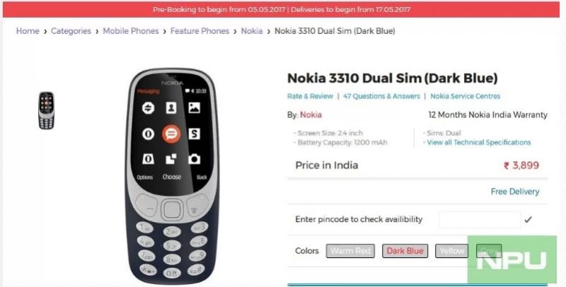 Screengrab of pre-order listign of Nokia 3310 spotted by NPU on OnlyMobile