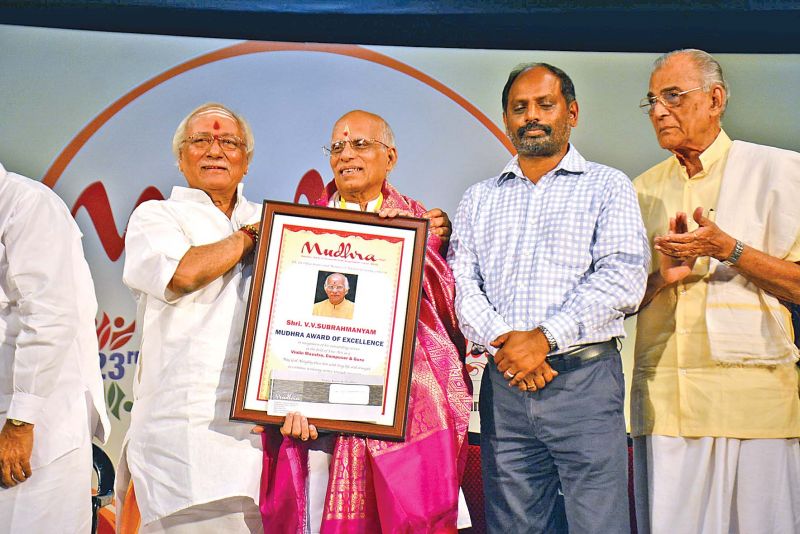 Mudhra Award of Excellence  presented to violin  maestro,  composer and guru V. Subrahmanyam on Friday as part of Mudhra's fine arts festival  inauguration. Veteran musicians T.V. Gopalakrishnan  and Madurai G. S. Mani  also seen . (Photo: DC0