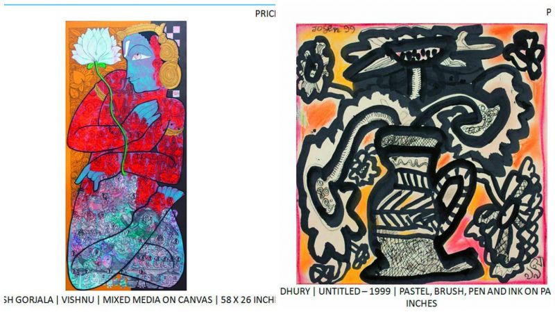 (Left) A painting by Ramesh Gorjala priced at Rs 2.8 lakh and left, a painting by Jogen Chowdhury priced at Rs 5 lakh