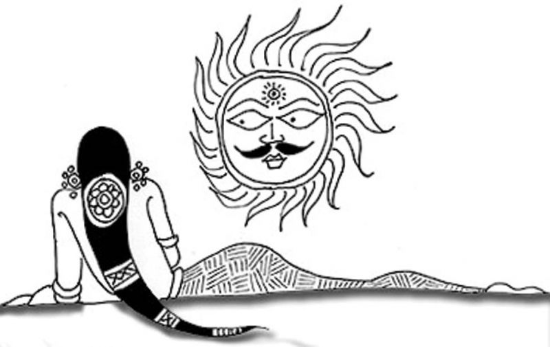 Kunti praying to the the Sun god for a child, as a result of which Karna was born 